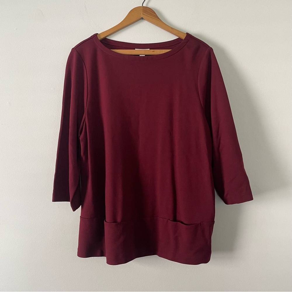 J. Jill Burgundy Red Ponte Knit 3/4 Sleeve Pocket Detail Top Size Large